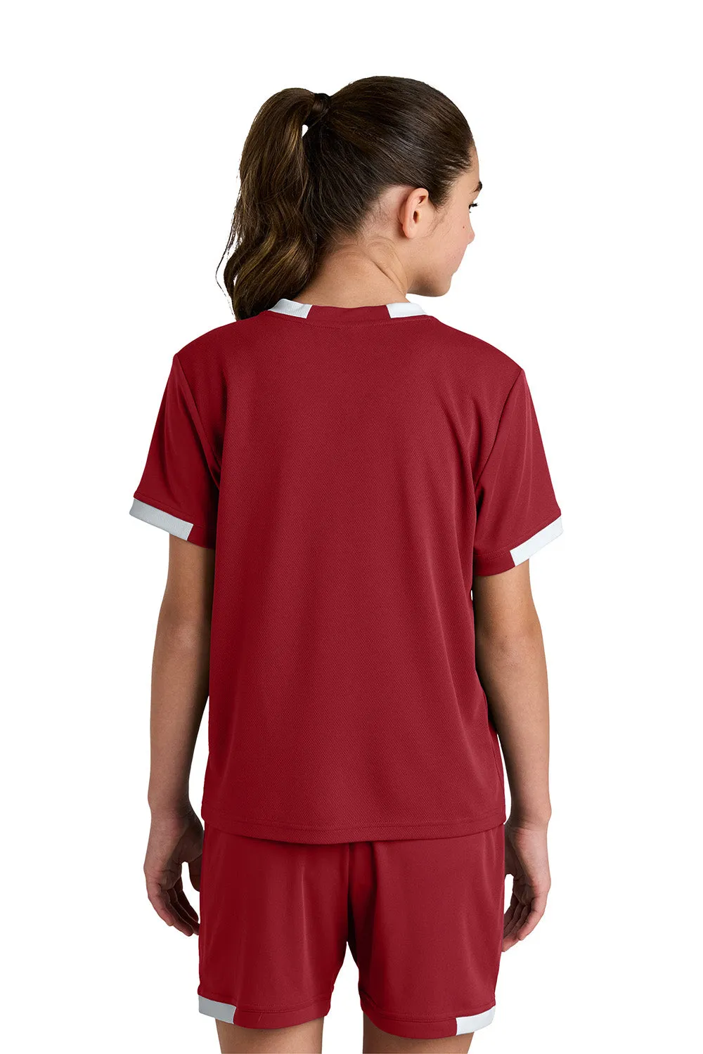 Sport-Tek Jugendclub Feuchtigkeitstransportierendes Kurzarm-Crewneck T-Shirt - Tiefrot/Weiß