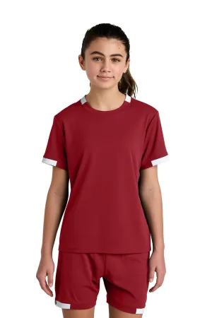 Sport-Tek Jugendclub Feuchtigkeitstransportierendes Kurzarm-Crewneck T-Shirt - Tiefrot/Weiß