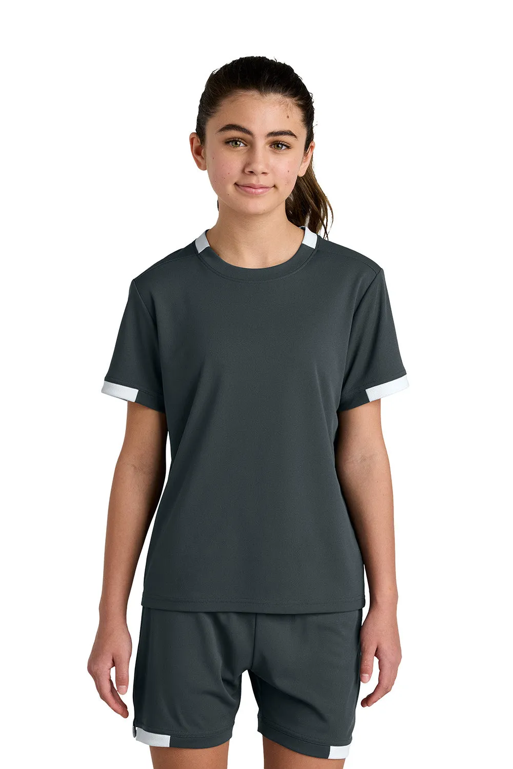 Sport-Tek Jugendclub Feuchtigkeitstransportierendes Kurzarm-T-Shirt mit Rundhalsausschnitt - Eisengrau/Weiß