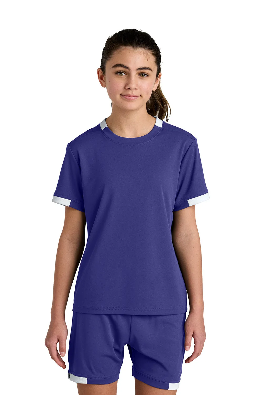 Sport-Tek Jugendclub Feuchtigkeitstransportierendes Kurzarm-Crewneck-T-Shirt - Lila/Weiß