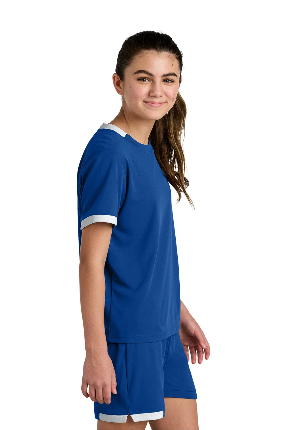 Sport-Tek Jugendclub Feuchtigkeitstransportierendes Kurzarm-Crewneck-T-Shirt - Echt Royalblau/Weiß