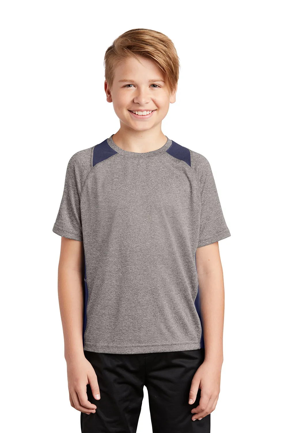 Sport-Tek Youth Contender Heather Feuchtigkeitstransportierendes Kurzarm-Crewneck-T-Shirt - Heather Vintage Grau/Echt Marineblau