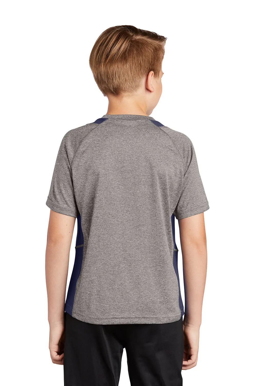 Sport-Tek Youth Contender Heather Feuchtigkeitstransportierendes Kurzarm-Crewneck-T-Shirt - Heather Vintage Grau/Echt Marineblau