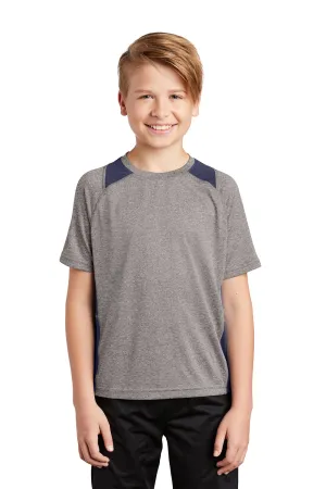 Sport-Tek Youth Contender Heather Feuchtigkeitstransportierendes Kurzarm-Crewneck-T-Shirt - Heather Vintage Grau/Echt Marineblau
