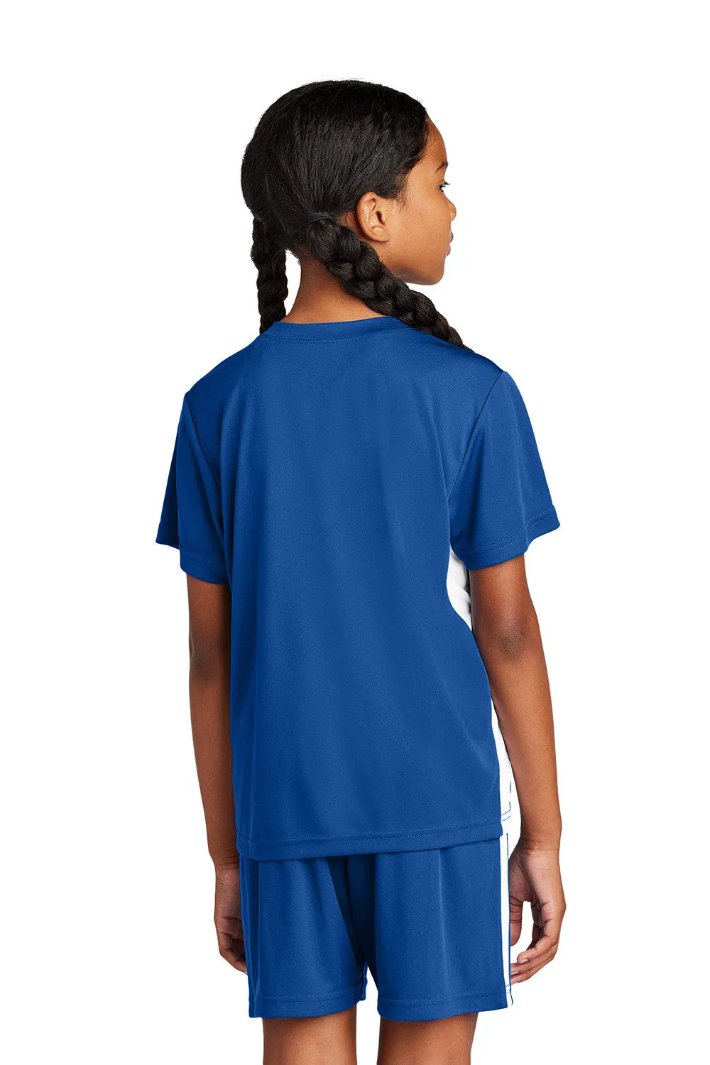 Sport-Tek Youth Feuchtigkeitstransportierender Wettkampf-V-Ausschnitt Kurzarm T-Shirt - Echt Royalblau/Weiß