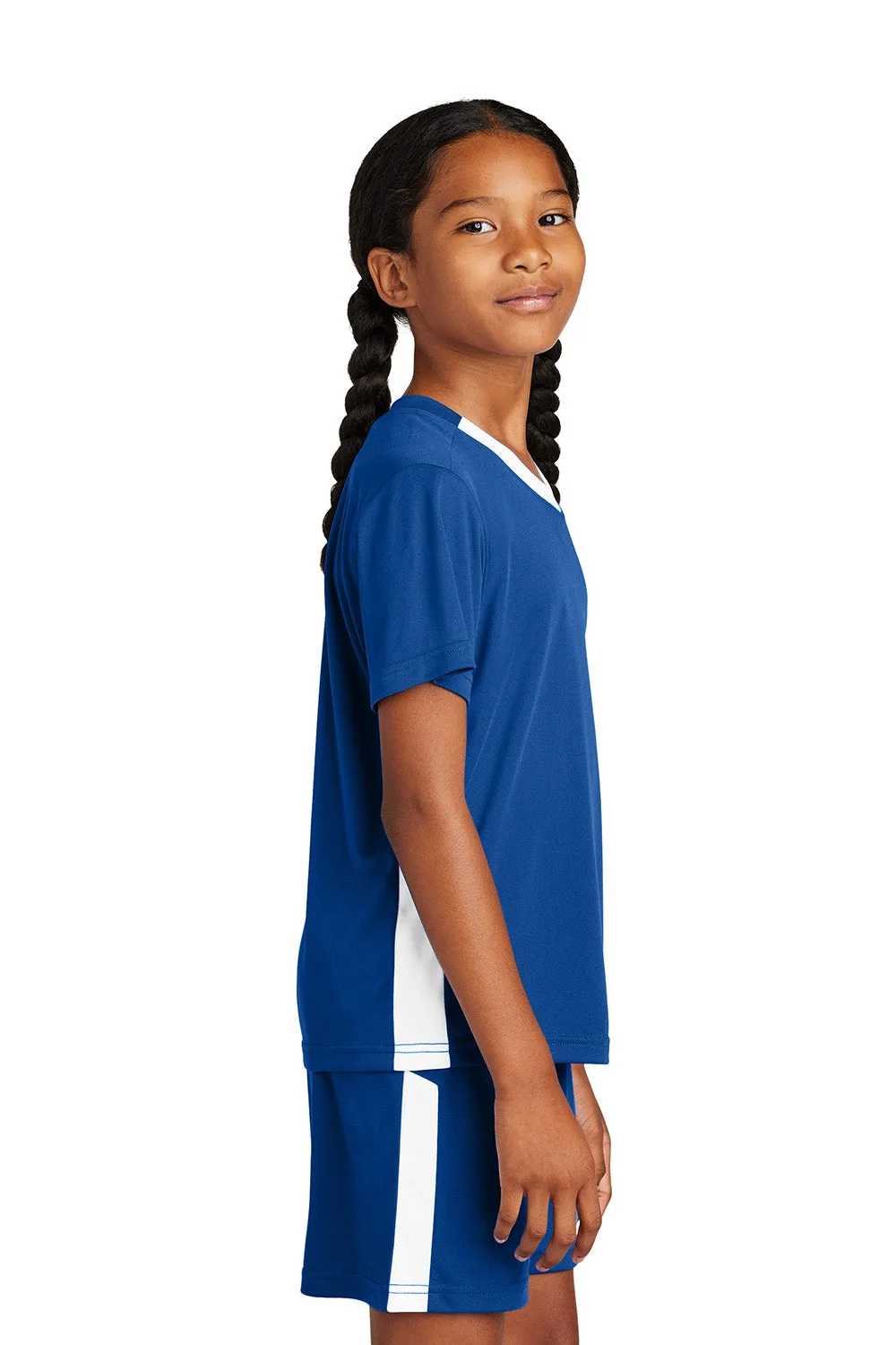 Sport-Tek Youth Feuchtigkeitstransportierender Wettkampf-V-Ausschnitt Kurzarm T-Shirt - Echt Royalblau/Weiß