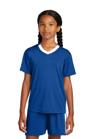 Sport-Tek Youth Feuchtigkeitstransportierender Wettkampf-V-Ausschnitt Kurzarm T-Shirt - Echt Royalblau/Weiß