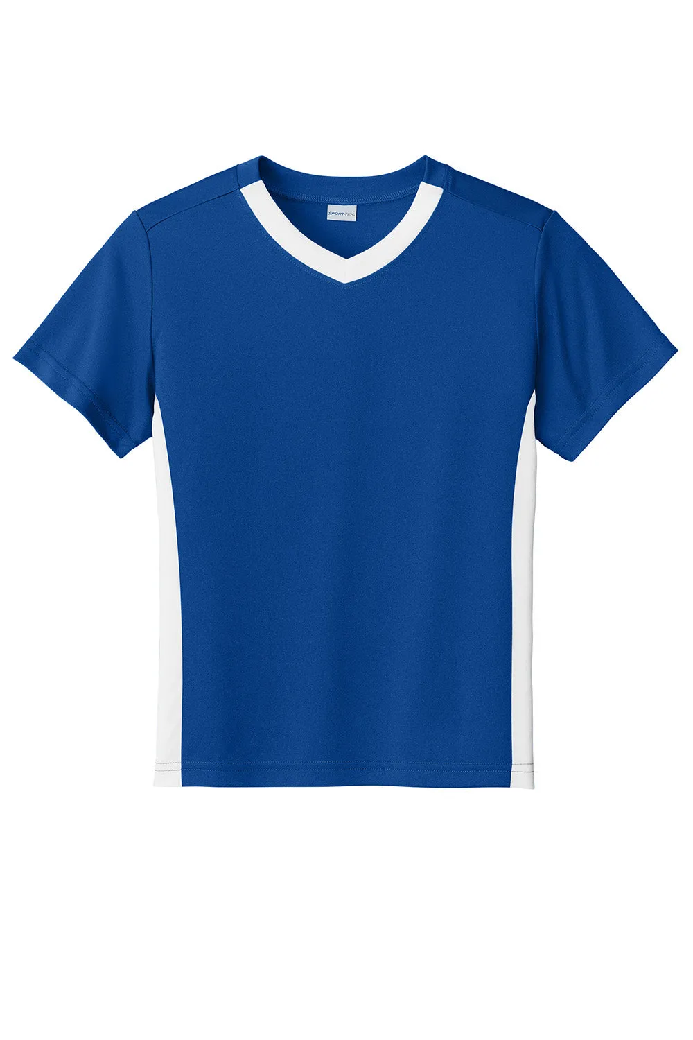 Sport-Tek Youth Feuchtigkeitstransportierender Wettkampf-V-Ausschnitt Kurzarm T-Shirt - Echt Royalblau/Weiß