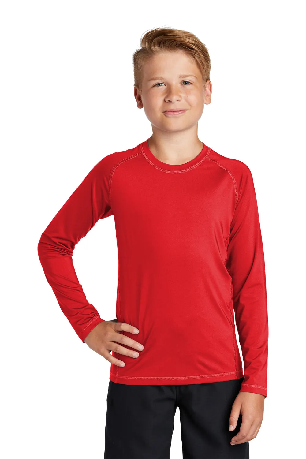 Sport-Tek Jugend-Rashguard Feuchtigkeitstransportierendes Langarm-Crewneck-T-Shirt - Echtes Rot - Ausverkauf