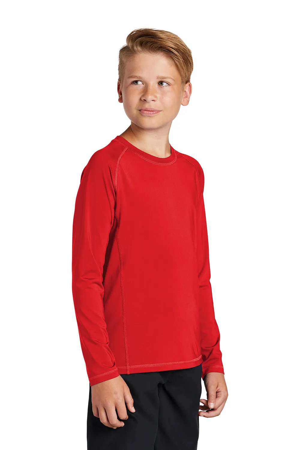Sport-Tek Jugend-Rashguard Feuchtigkeitstransportierendes Langarm-Crewneck-T-Shirt - Echtes Rot - Ausverkauf