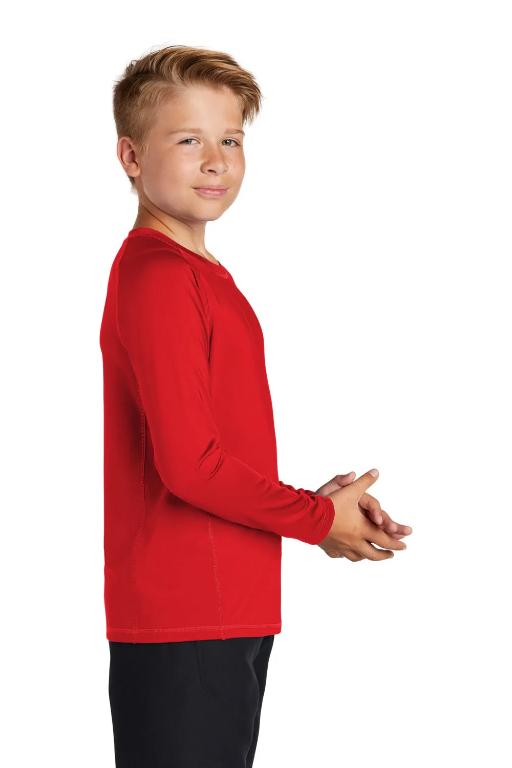 Sport-Tek Jugend-Rashguard Feuchtigkeitstransportierendes Langarm-Crewneck-T-Shirt - Echtes Rot - Ausverkauf