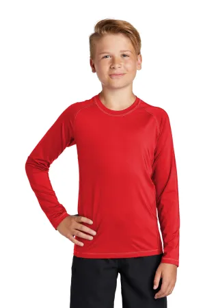 Sport-Tek Jugend-Rashguard Feuchtigkeitstransportierendes Langarm-Crewneck-T-Shirt - Echtes Rot - Ausverkauf