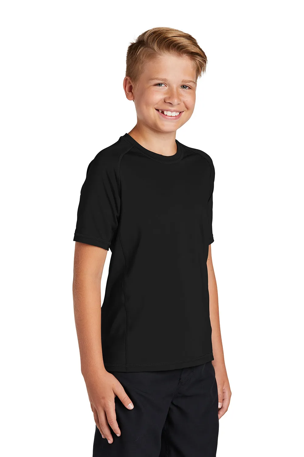 Sport-Tek Jugend-Rashguard Feuchtigkeitstransportierendes Kurzarm-Crewneck-T-Shirt - Schwarz