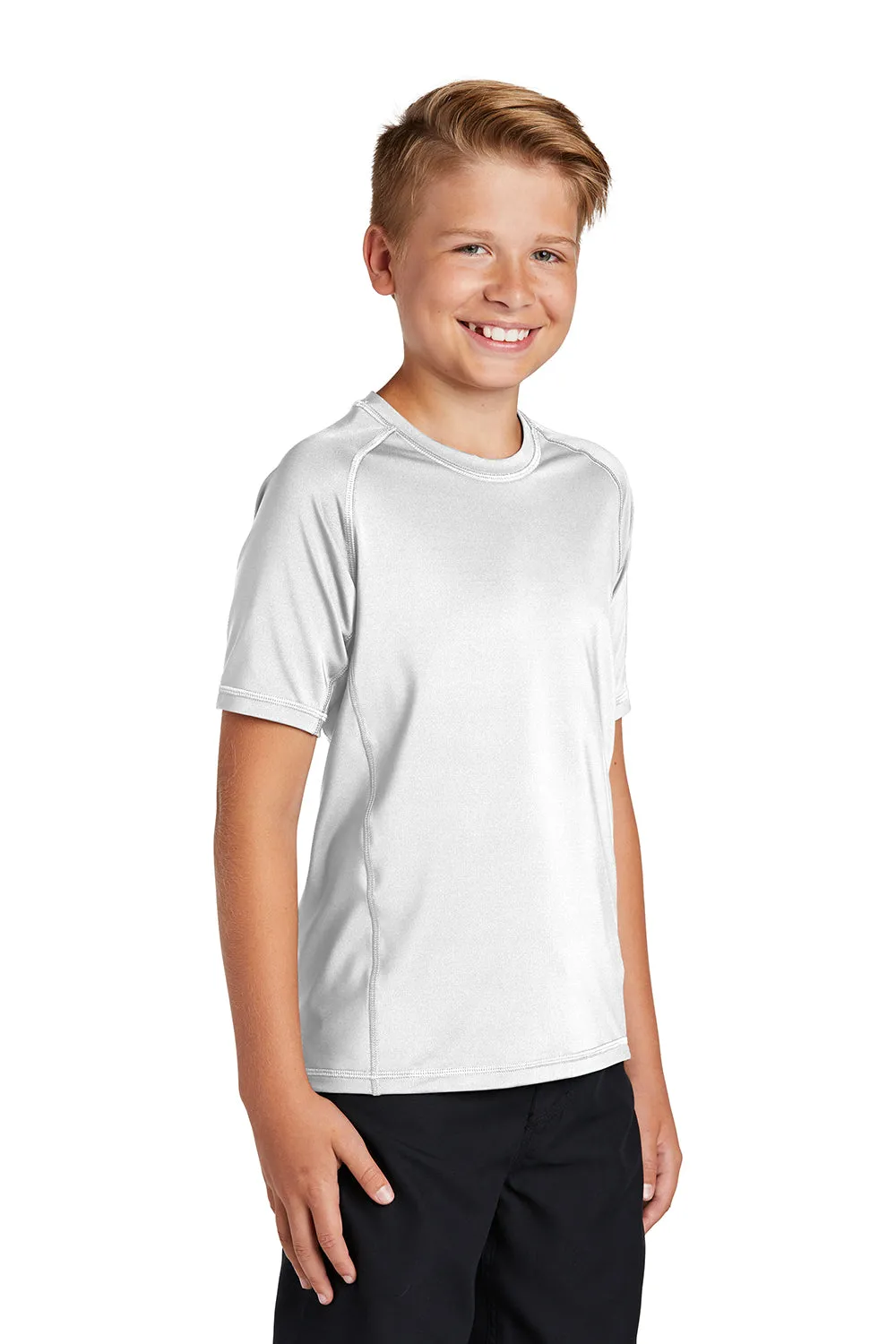 Sport-Tek Jugend-Rashguard Feuchtigkeitstransportierendes Kurzarm-Crewneck-T-Shirt - Weiß