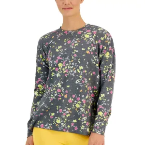 Damen Active-Strickpullover mit Stiefmütterchen-Print, Seitenschlitzen und lockerer Passform, Grau