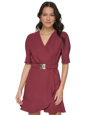 Damen-Gürtel-Faux-Wrap-Kleid, Burgunder