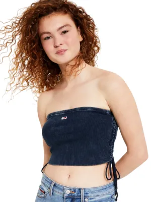 Damen Crop Top mit seitlicher Raffung und besticktem Markenlogo, Dunkelblau