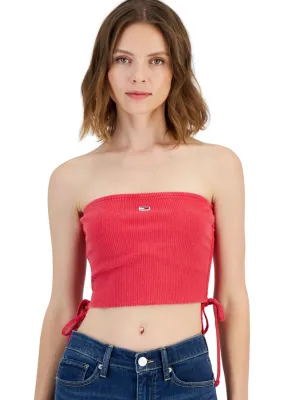Damen Crop Top mit seitlicher Rüschenoptik und besticktem Markenlogo, Rot