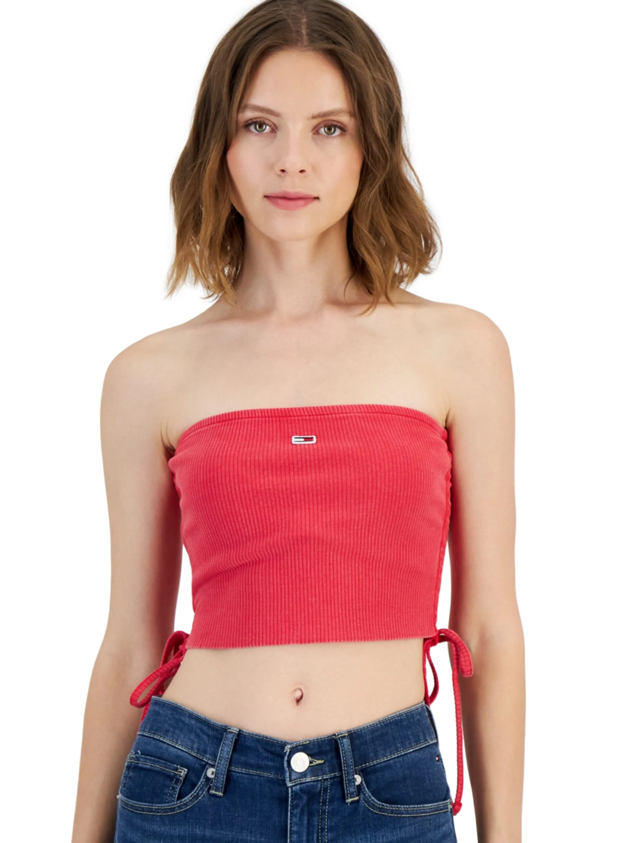 Damen Crop Top mit seitlicher Rüschenoptik und besticktem Markenlogo, Rot