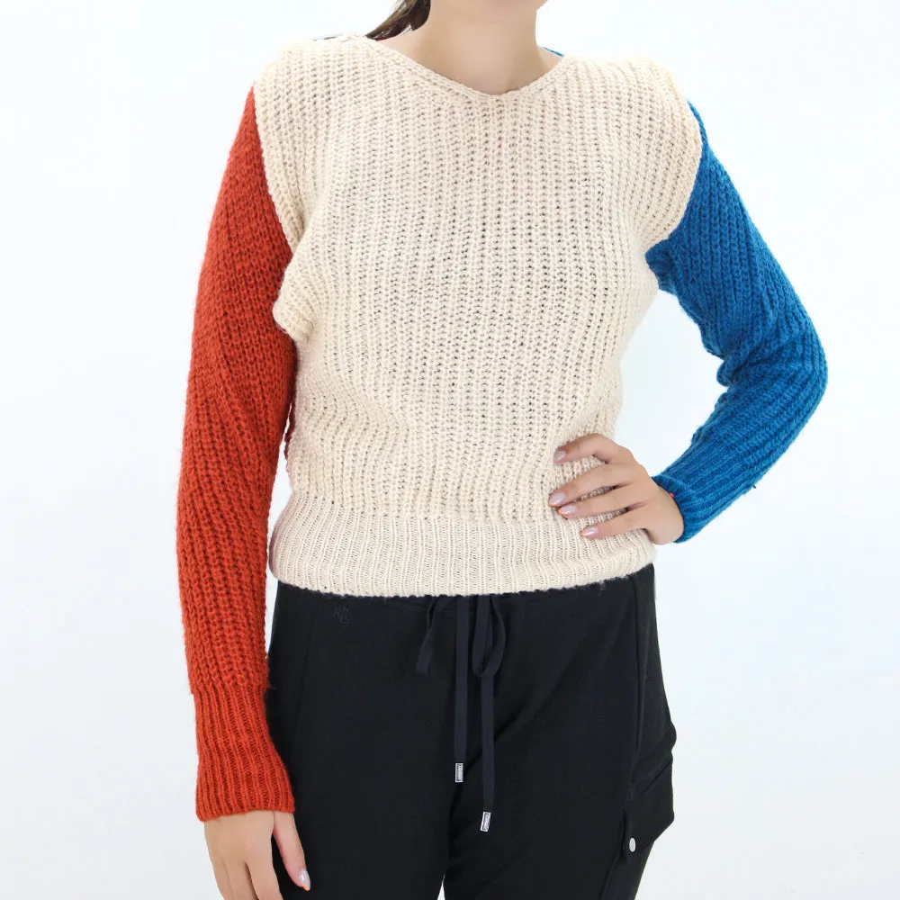 Damen-Rippenstrick-Pullover mit Kapuze, Mehrfarbig
