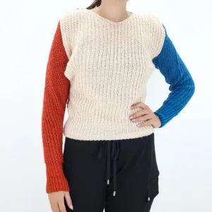 Damen-Rippenstrick-Pullover mit Kapuze, Mehrfarbig