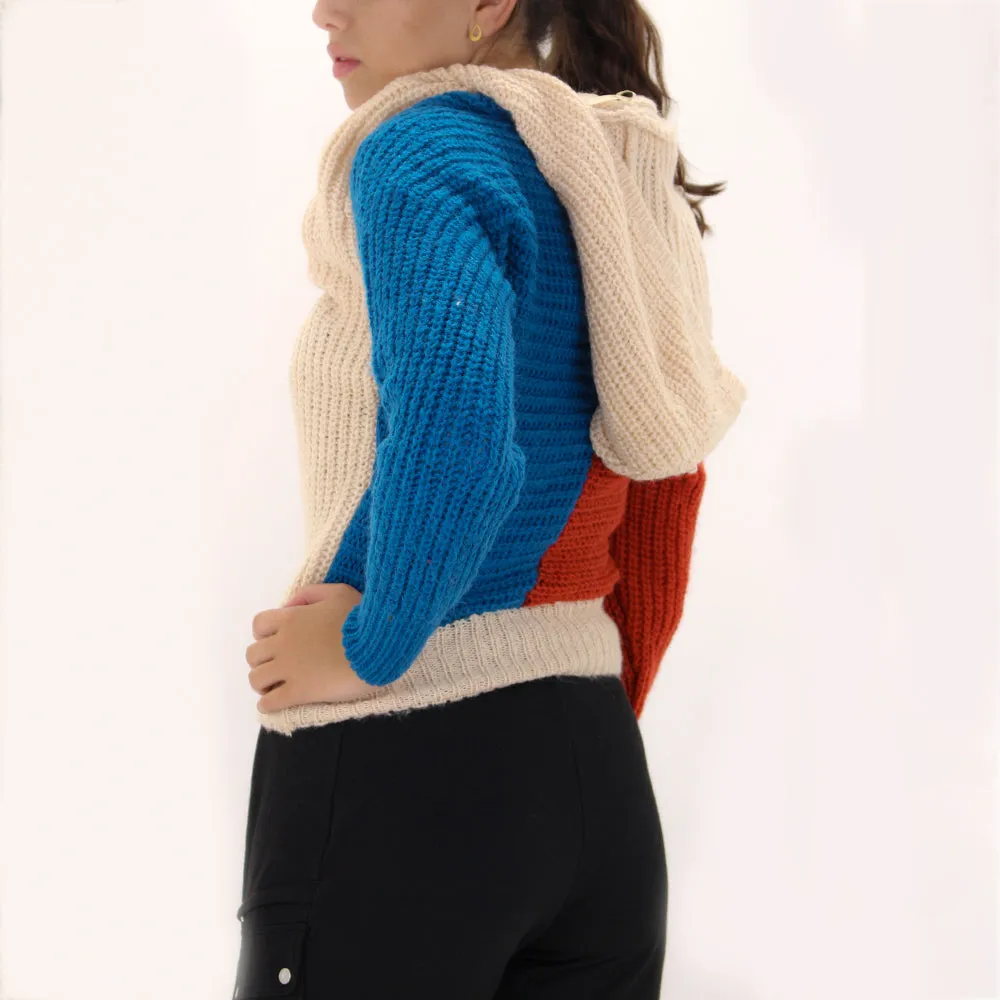 Damen-Rippenstrick-Pullover mit Kapuze, Mehrfarbig