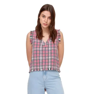 Damen Karo-Fransen Top, Rosa/Weiß