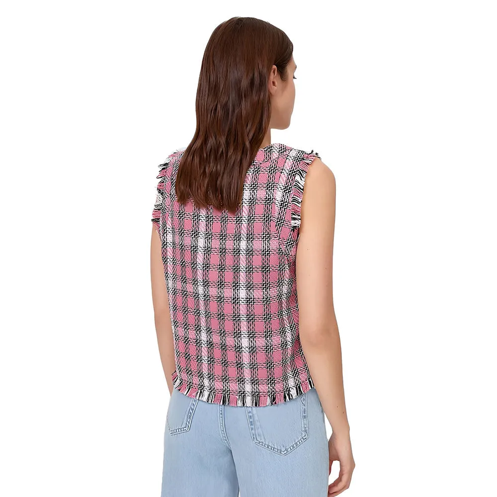 Damen Karo-Fransen Top, Rosa/Weiß