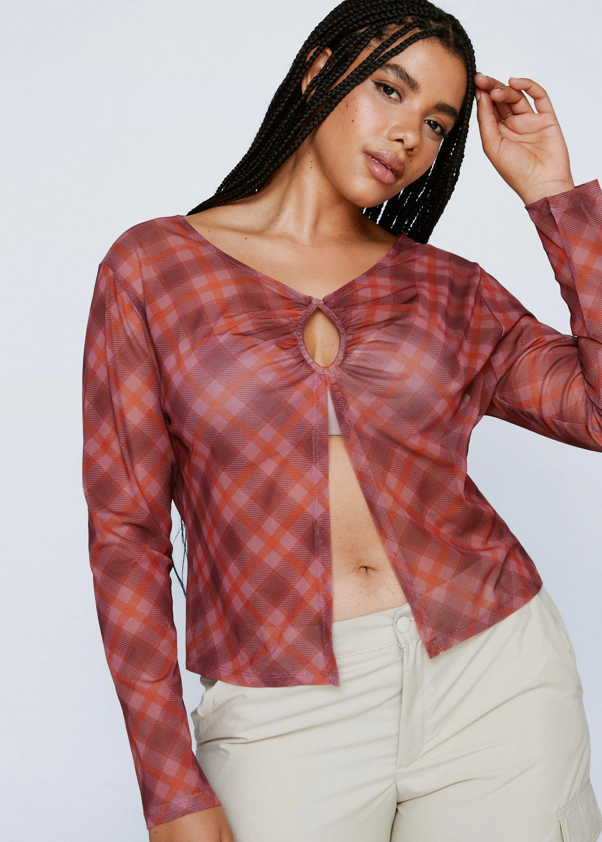 Damen Karo-Print Mesh Top, Mehrfarbig