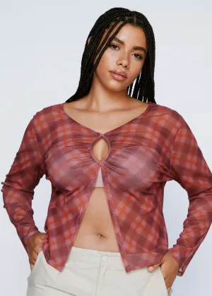 Damen Karo-Print Mesh Top, Mehrfarbig