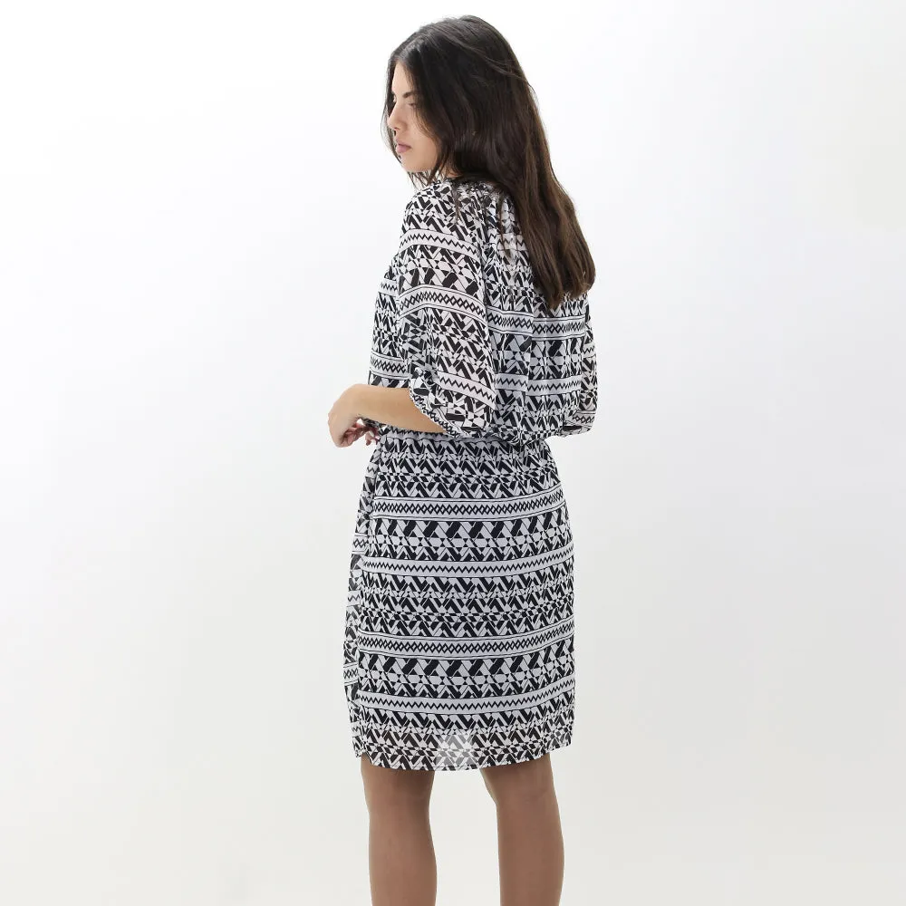 Damen Chiffon Druckkleid, Weiß/Schwarz