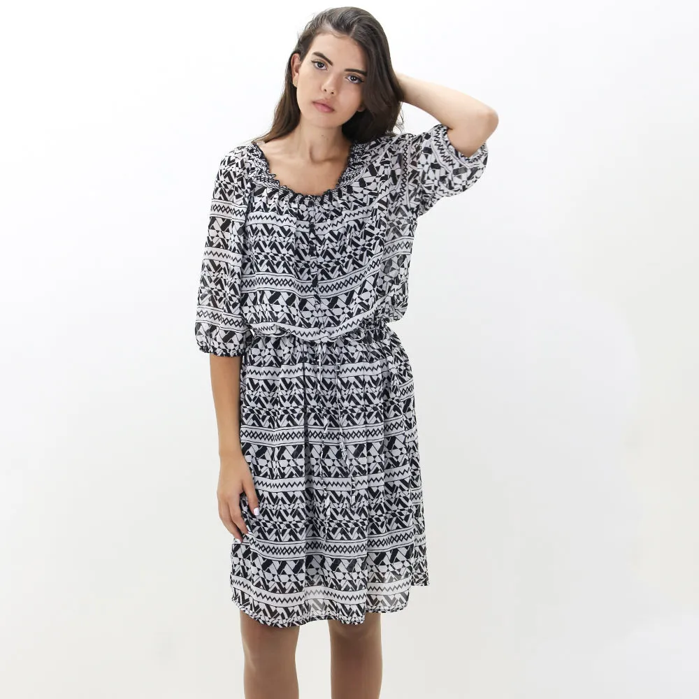 Damen Chiffon Druckkleid, Weiß/Schwarz