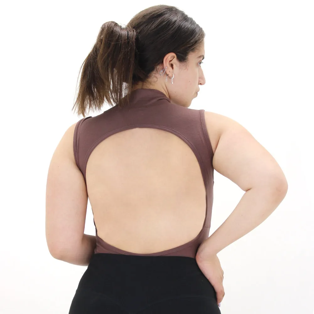 Damen-Body mit Rundhalsausschnitt und offenem Rücken, Braun