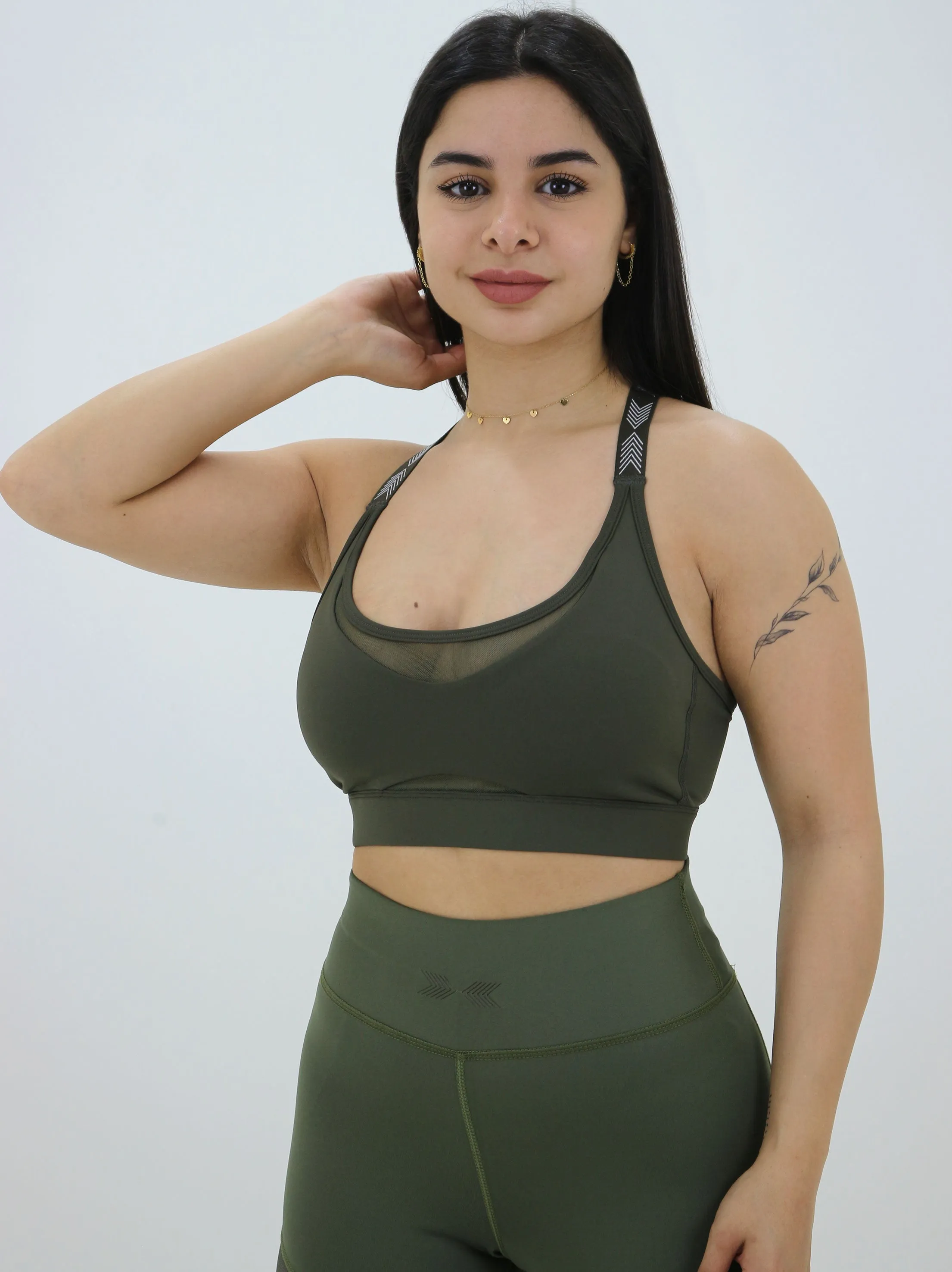 Damen-Criss-Cross-Mesh-Sport-BH, Olive
