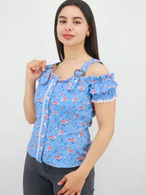 Damen Blumenbedrucktes Off-Shoulder Top, Blau