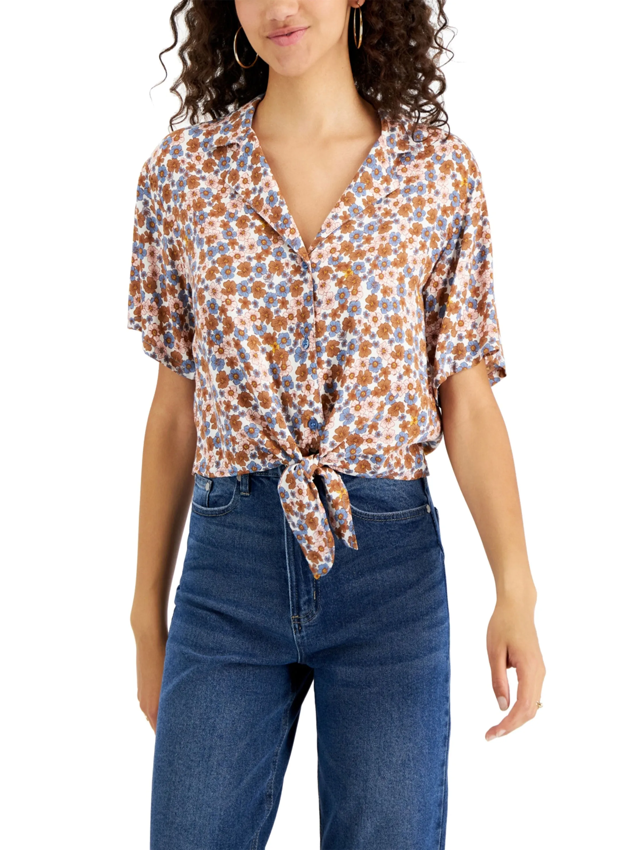 Damen Blumenmuster Shirt mit Bindegürtel, Mehrfarbig