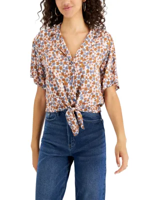 Damen Blumenmuster Shirt mit Bindegürtel, Mehrfarbig