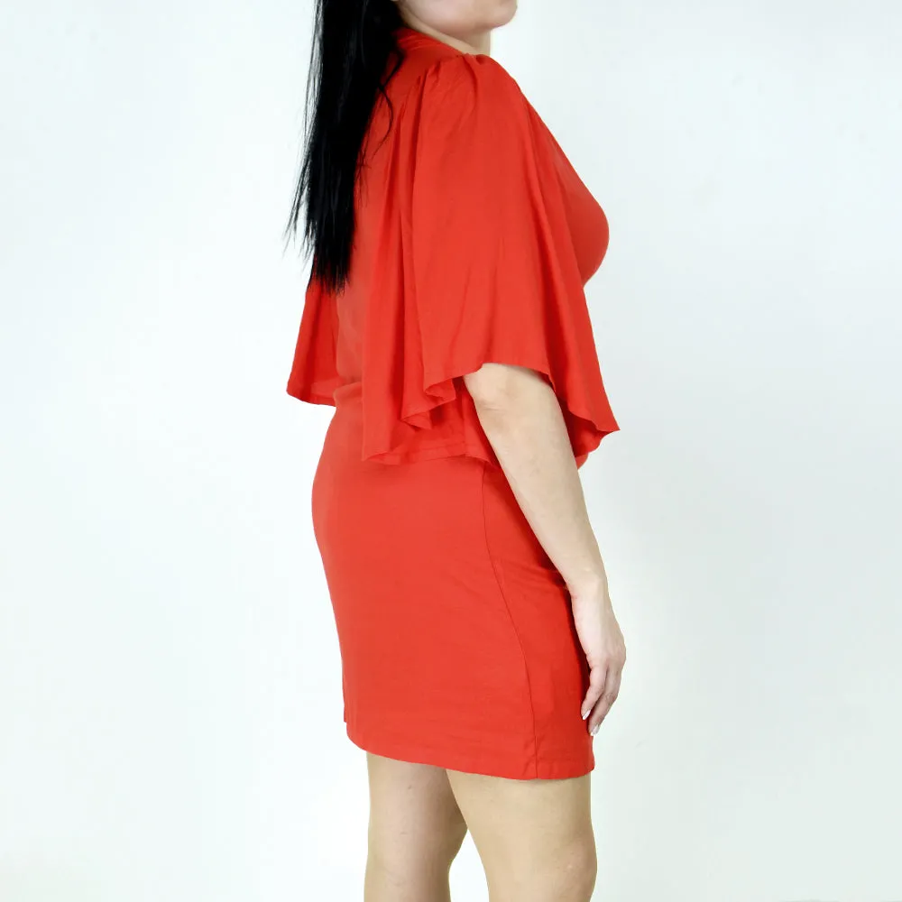 Damen-Casualkleid mit Schlüsselloch-Ausschnitt, Rot-Orange