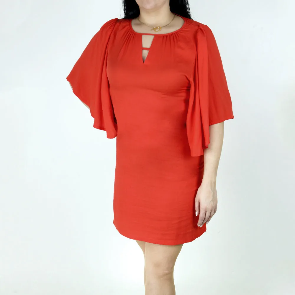 Damen-Casualkleid mit Schlüsselloch-Ausschnitt, Rot-Orange