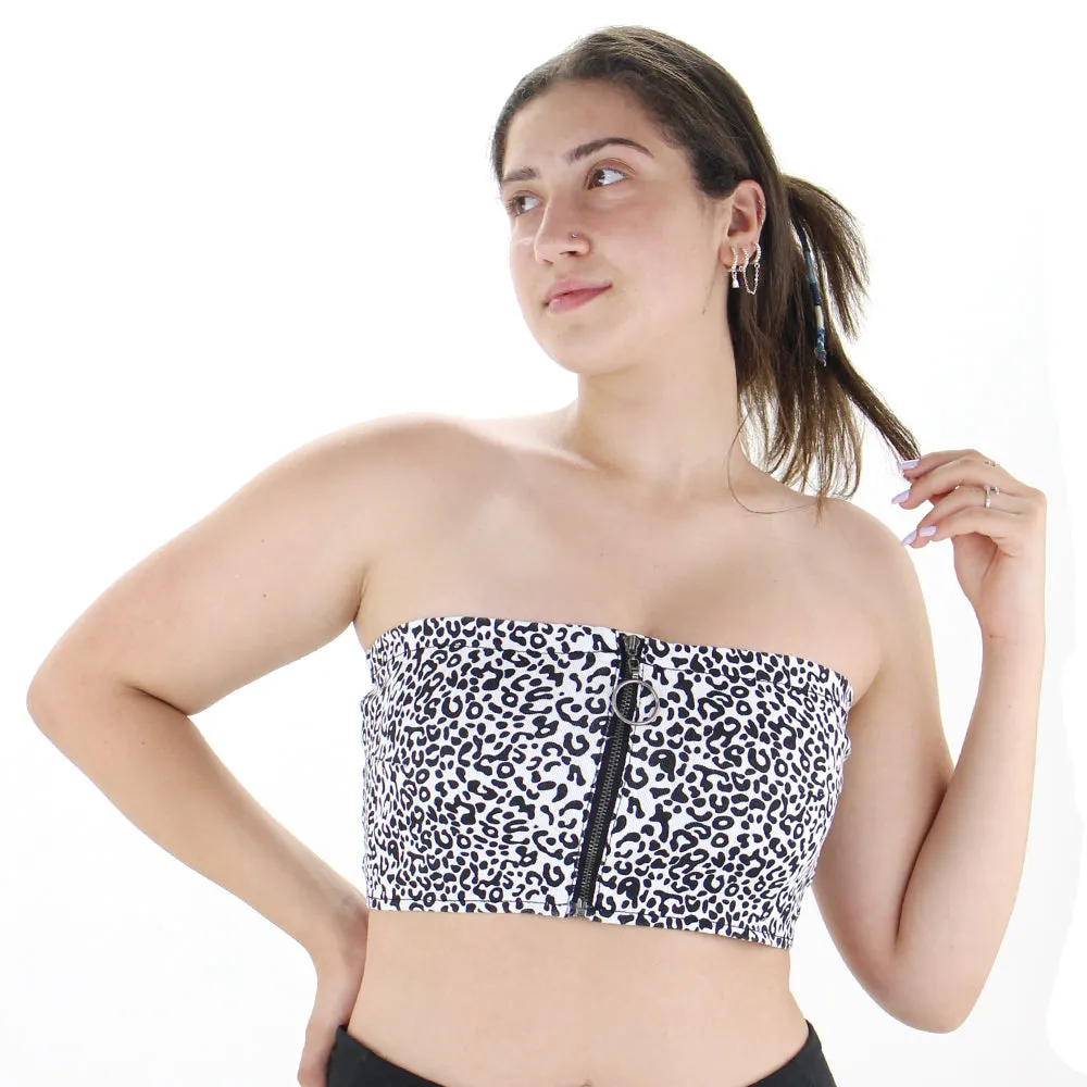 Damen Leopardenmuster Crop Top mit Reißverschluss vorne, Weiß/Schwarz