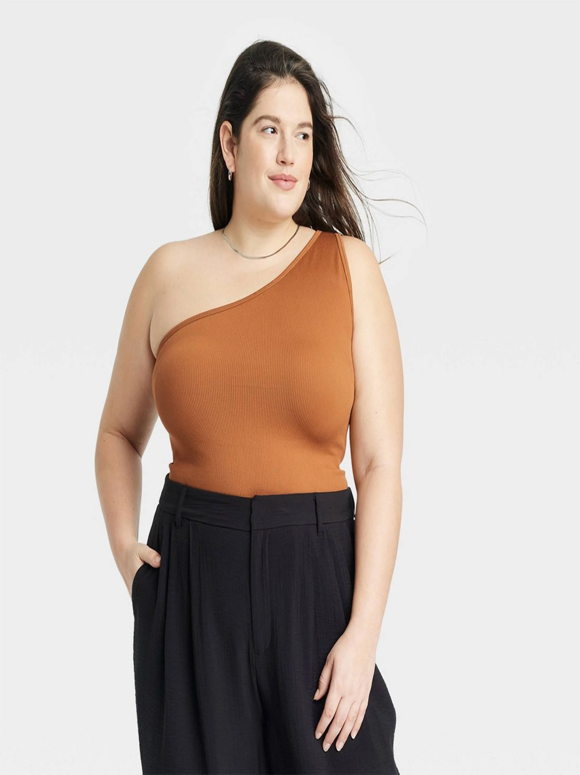 Damens Ein-Schulter Rippen-Tanktop, Braun