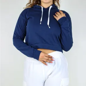 Damen einfarbiges Crop-Hoodie, Marineblau