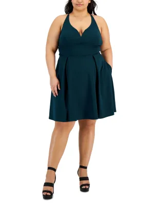 Damen schlichtes Fit-&-Flare-Kleid, Dunkelgrün