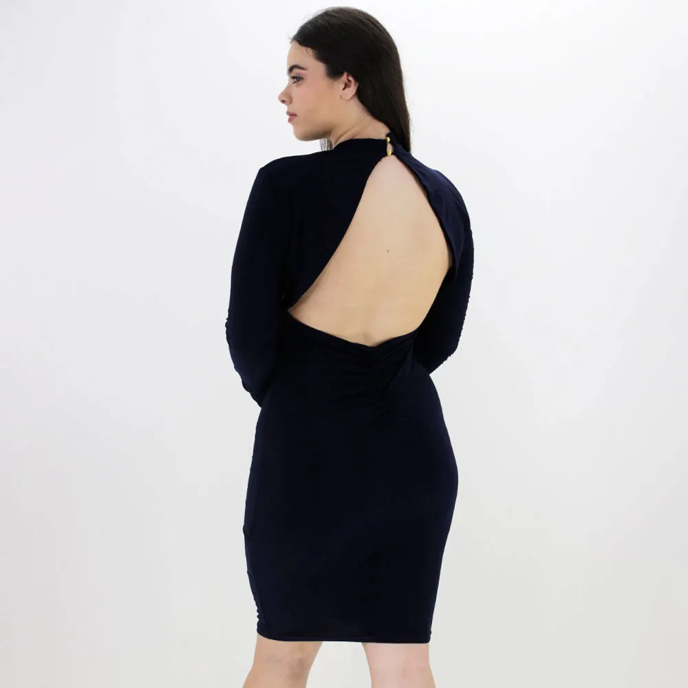 Damen einfaches Kleid mit offenem Rücken, Marineblau