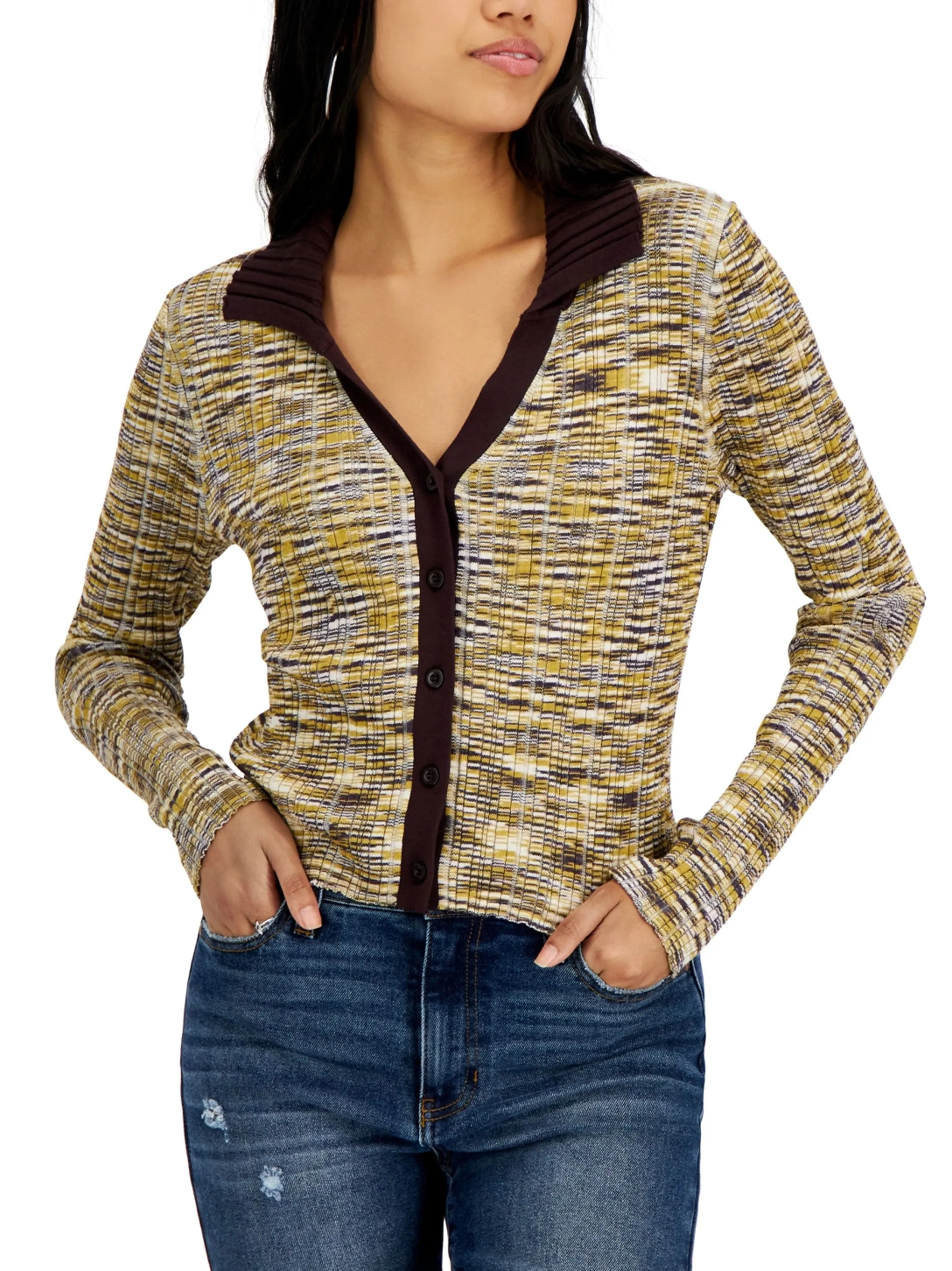 Damen Rippstoff Cardigan mit Kragen, Mehrfarbig