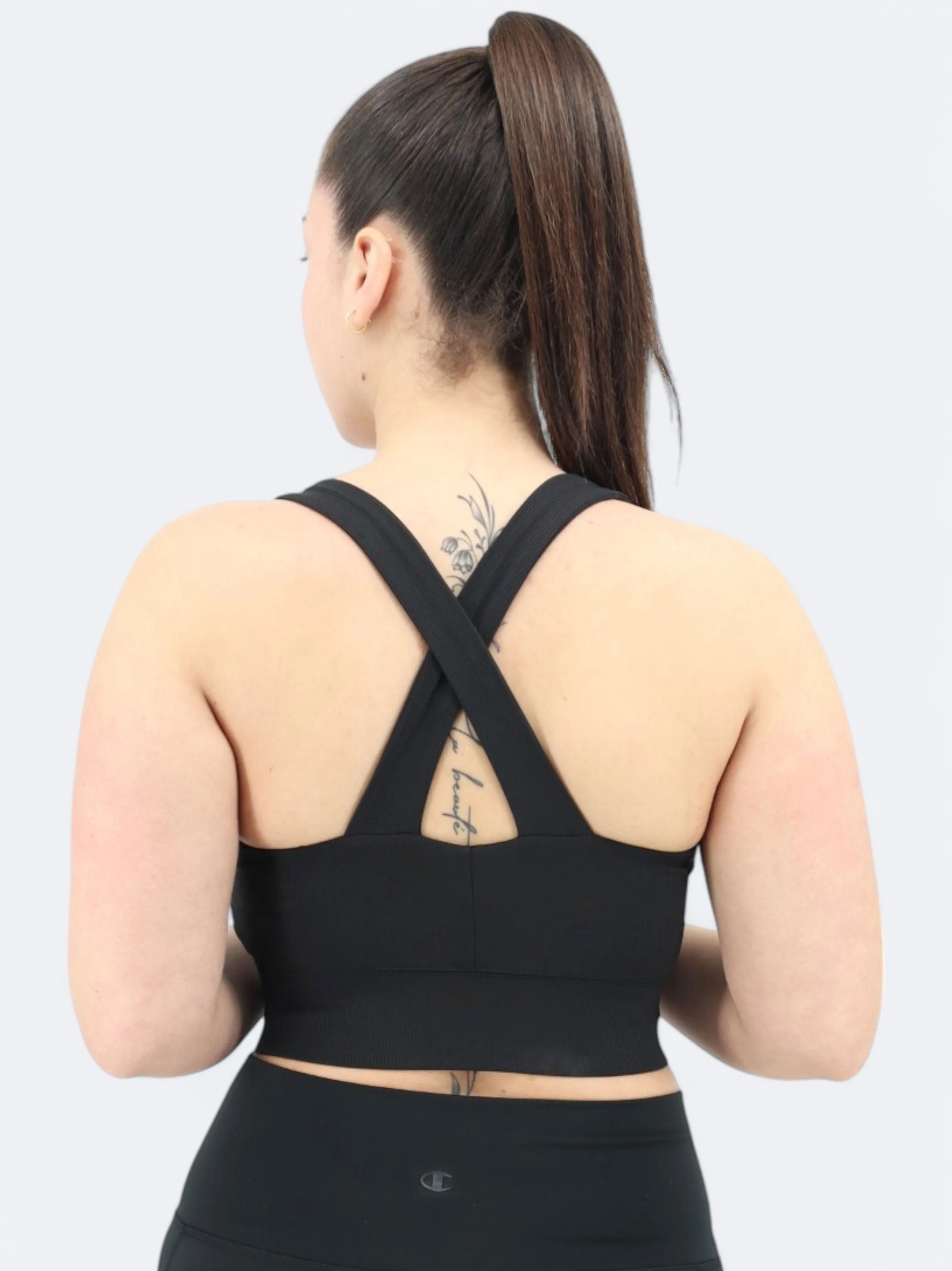 Damen Rippen-Sport-Croptop, Schwarz