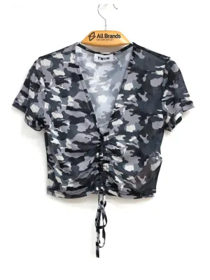 Damen-Rüschenfront-Camo-Mesh-Top, Dunkelgrau