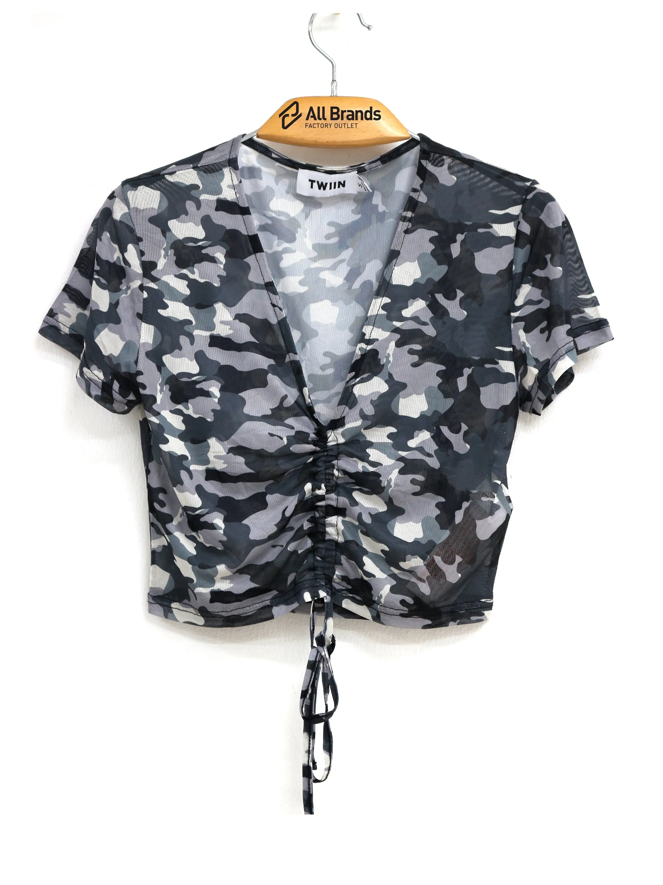 Damen-Rüschenfront-Camo-Mesh-Top, Dunkelgrau
