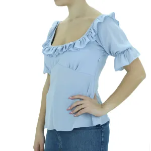 Damenoberteil mit Rüschenkragen, einfarbig, Blau