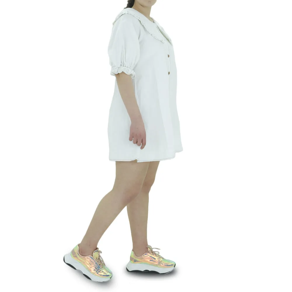 Damen-Rüschenkragen-Shirtkleid, Weiß